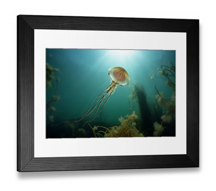 Framed Print : Compass jellyfish (Chrysaora hysoscella) swimming up towards surface with sunbeams, Falmouth, Cornwall, August Framed Print : Compass jellyfish (Chrysaora hysoscella) swimming up towards surface with sunbeams, Falmouth, Cornwall, August