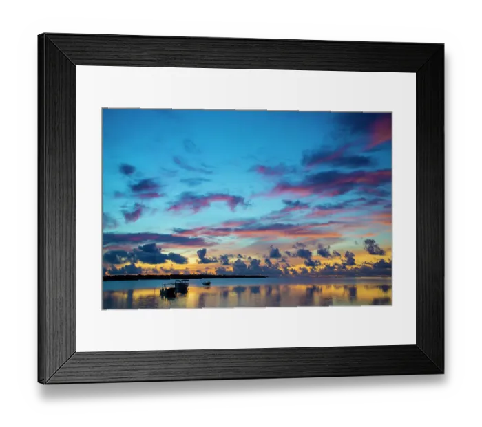 Framed Print : The sky lights up at dawn with boats floating on still waters off the island of Yap, Micronesia, Pacific Ocean Framed Print : The sky lights up at dawn with boats floating on still waters off the island of Yap, Micronesia, Pacific Ocean