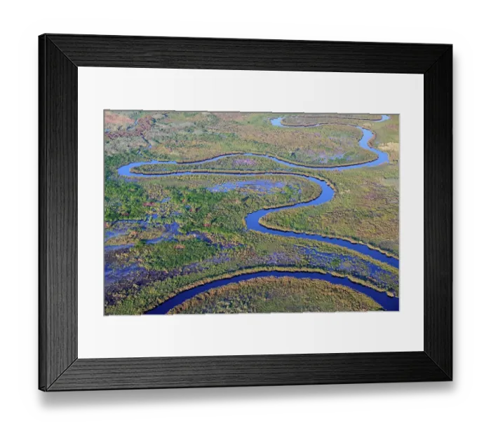 Framed Print : Aerial view of the Okavango Delta with meandering channels, lagoons, swamps and islands, Botswana, Africa Framed Print : Aerial view of the Okavango Delta with meandering channels, lagoons, swamps and islands, Botswana, Africa