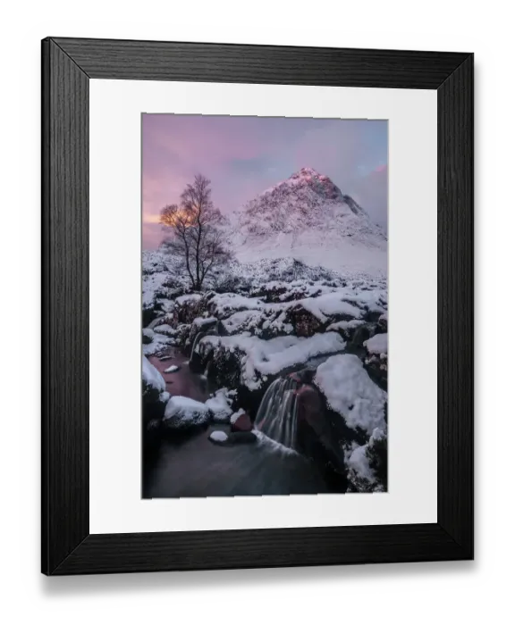 Framed Print : Pink sky at sunrise over a snow-covered landscape and highland stream, with a view to Buachaille Etive Mor, Glencoe, Scotland. November, 2017 Framed Print : Pink sky at sunrise over a snow-covered landscape and highland stream, with a view to Buachaille Etive Mor, Glencoe, Scotland. November, 2017