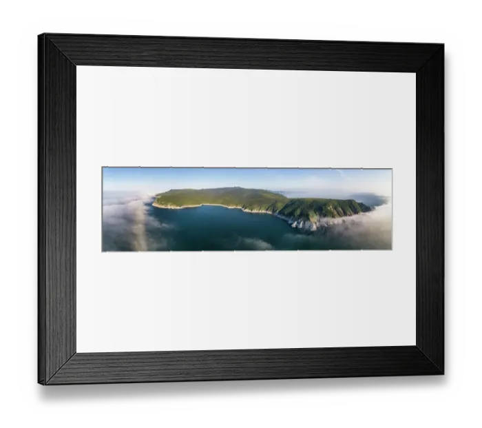 Framed Print : Aerial view of Wrangel Bay, Russia, one of the locations where bowhead whales (Balaena mysticetus) of the endangered Sea of Okhotsk subpopulation visit during the summer. The shallow waters of the bay provide a refuge from orcas