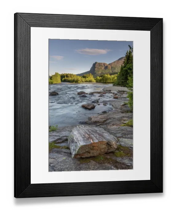 Framed Print : The Hemsila river in summer, tree-lined riverbanks and hills with high cloud in sky, Hemsedal region, Norway. June, 2022