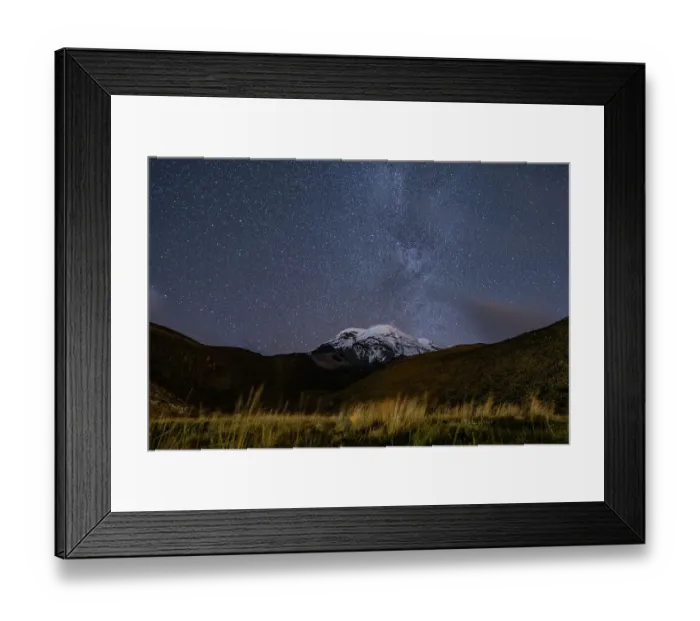 Framed Print : Snowcapped peak of Chimborazo volcano at night with part of the Milkyway visible in sky above, Chimborazo National Park, Chimborazo, Ecuador. August, 2022