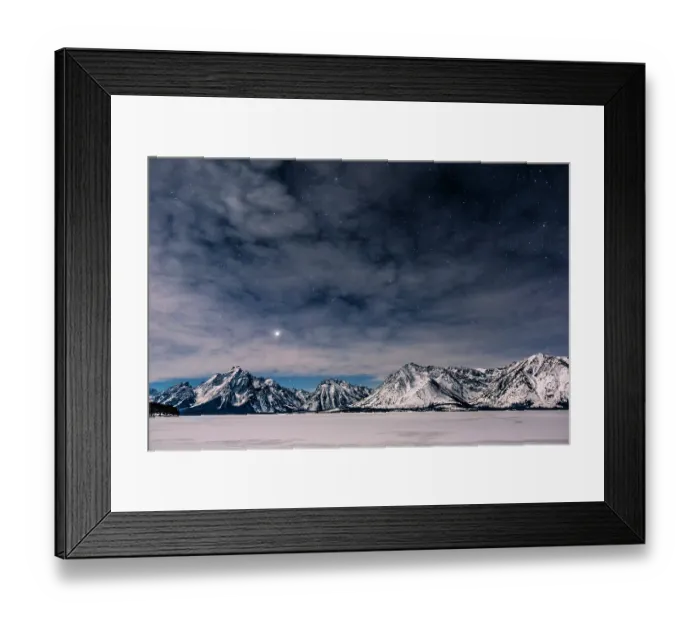 Framed Print : Jupiter setting over Mount Moran as a half moon illuminates the mountains and frozen lake below, Grand Teton National Park, USA. January 2022 Framed Print : Jupiter setting over Mount Moran as a half moon illuminates the mountains and frozen lake below, Grand Teton National Park, USA. January 2022