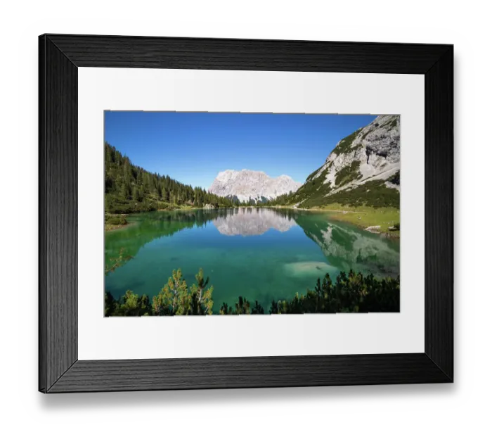Framed Print : View over Lake Seebensee with Zugspitze and Wetterstein mountains in background, Alps, Tirol, Austria. September, 2020 Framed Print : View over Lake Seebensee with Zugspitze and Wetterstein mountains in background, Alps, Tirol, Austria. September, 2020