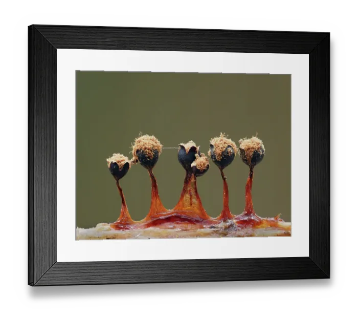 Framed Print : Slime mould (Metatrichia floriformis) line of sporangia split open and releasing spores, Buckinghamshire, England, UK. January. Focus stacked Framed Print : Slime mould (Metatrichia floriformis) line of sporangia split open and releasing spores, Buckinghamshire, England, UK. January. Focus stacked