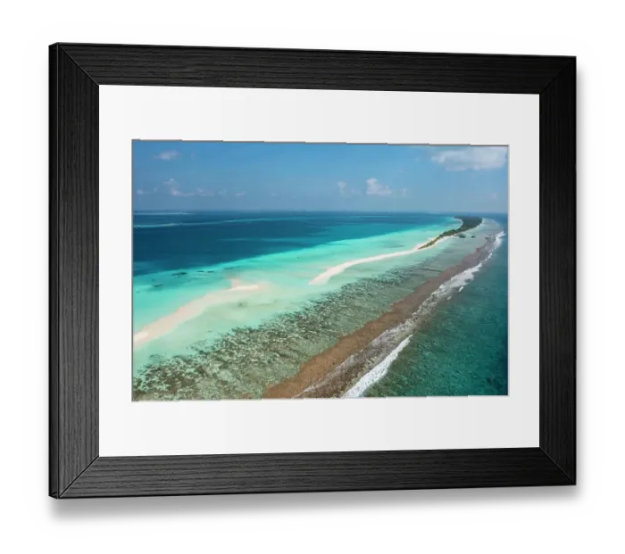 Framed Print : Aerial view along reef and sandbank to Dhigurah island, South Ari Atoll, Maldives, Indian Ocean. February, 2020 Framed Print : Aerial view along reef and sandbank to Dhigurah island, South Ari Atoll, Maldives, Indian Ocean. February, 2020