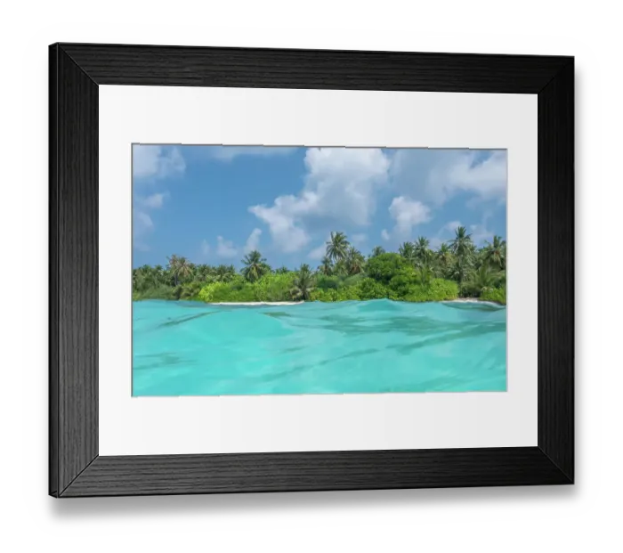 Framed Print : Palm trees and dense vegetation on Dhigurah Island viewed from the sea, South Ari Atoll, Maldives, Indian Ocean. February, 2020 Framed Print : Palm trees and dense vegetation on Dhigurah Island viewed from the sea, South Ari Atoll, Maldives, Indian Ocean. February, 2020