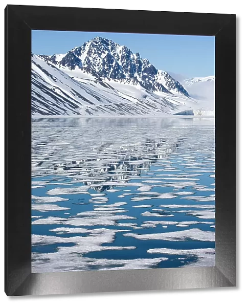 Snow-covered mountains reflecting on drifting and melting sea ice, Spitsbergen, Svalbard, Norway, Arctic Ocean. July, 2008