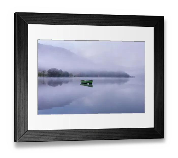 Framed Print : Rowing boat on Ullswater in early morning mist, Lake District, Cumbria, England, UK. November 2015
