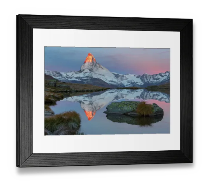 Framed Print : Matterhorn (4, 478m) at sunrise, with reflection in Lake Stellisee, Zermatt, Switzerland, September 2012 Framed Print : Matterhorn (4, 478m) at sunrise, with reflection in Lake Stellisee, Zermatt, Switzerland, September 2012