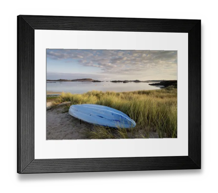 Framed Print : RF - Kayak and sand dunes bathed in early morning light, overlooking bay, Tresco, Isles of Scilly, Cornwall, UK. September. (This image may be licensed either as rights managed or royalty free) Framed Print : RF - Kayak and sand dunes bathed in early morning light, overlooking bay, Tresco, Isles of Scilly, Cornwall, UK. September. (This image may be licensed either as rights managed or royalty free)