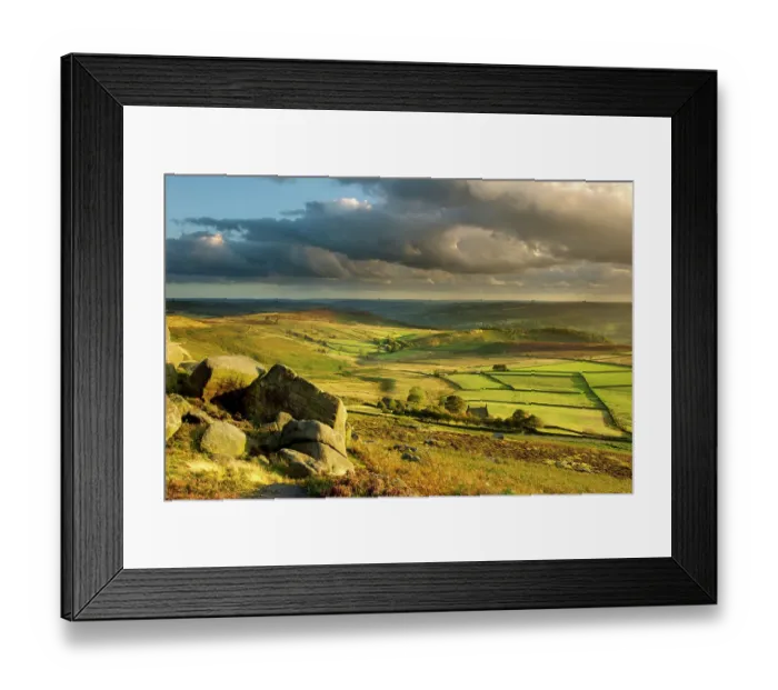 Framed Print : Scenic view of moorland from Stanage Edge, Peak District NP, with fields in lower area, August 2011 Framed Print : Scenic view of moorland from Stanage Edge, Peak District NP, with fields in lower area, August 2011