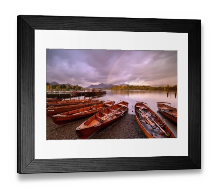 Framed Print : Rowing boats and jetties along the shore of Derwentwater, morning light and rainbow, Keswick, Cumbria, The Lake District, UK. October 2019 Framed Print : Rowing boats and jetties along the shore of Derwentwater, morning light and rainbow, Keswick, Cumbria, The Lake District, UK. October 2019