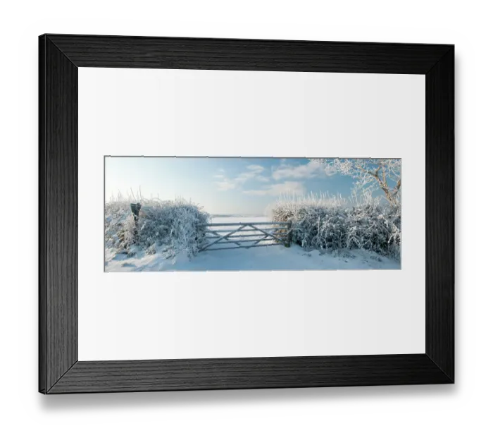 Framed Print : Field gate in snow in evening light, nr Bradworthy, Devon, Uk. December 2010 Framed Print : Field gate in snow in evening light, nr Bradworthy, Devon, Uk. December 2010