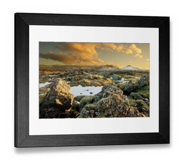 Framed Print : View looking out over lava field at dusk with mountains in the background, West Icelend, January 2013 Framed Print : View looking out over lava field at dusk with mountains in the background, West Icelend, January 2013