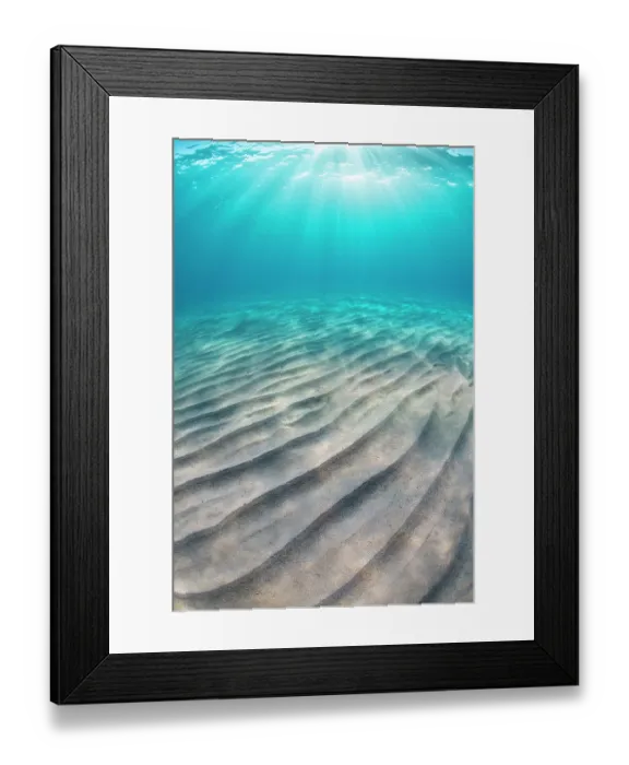 Framed Print : Sand ripples on seabed and sun burst in shallow, clear water. Capo Comino, Sardinia, Mediterranean Sea Framed Print : Sand ripples on seabed and sun burst in shallow, clear water. Capo Comino, Sardinia, Mediterranean Sea
