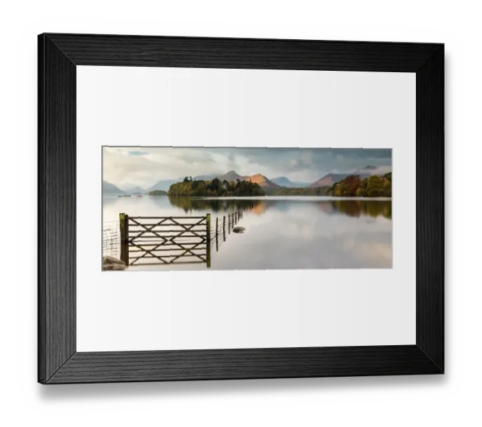 Framed Print : Panoramic view of Derwent Water, fence, gate and flooding, looking to Catbells mountain, near Keswick, The Lake District, Cumbria, UK. October 2012 Framed Print : Panoramic view of Derwent Water, fence, gate and flooding, looking to Catbells mountain, near Keswick, The Lake District, Cumbria, UK. October 2012