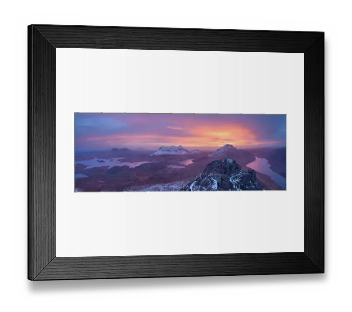 Framed Print : Panoramic view of a colourful winter sunrise from the summit of Stac Pollaidh, Assynt, Highlands of Scotland, UK, January 2016 Framed Print : Panoramic view of a colourful winter sunrise from the summit of Stac Pollaidh, Assynt, Highlands of Scotland, UK, January 2016