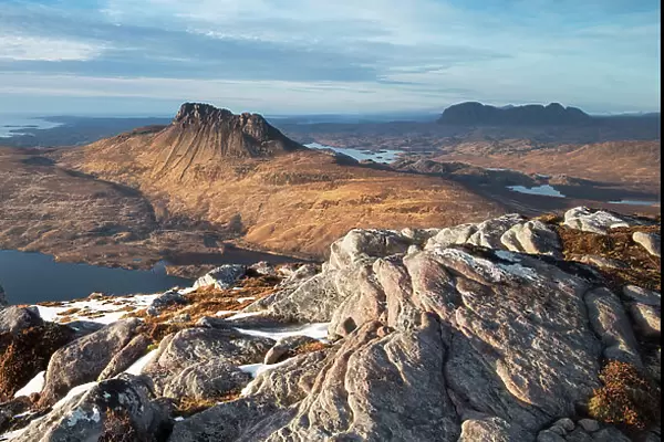 Stac Pollaidh, Cul Mor and Suilven, view north from Sgorr Tuath, Coigach and Assynt, Scotland, UK, March 2017