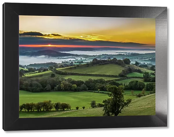 Panoramic landscape of Welsh Borders, countryside at dawn, Monmouthshire, Wales, UK, Panorama, October