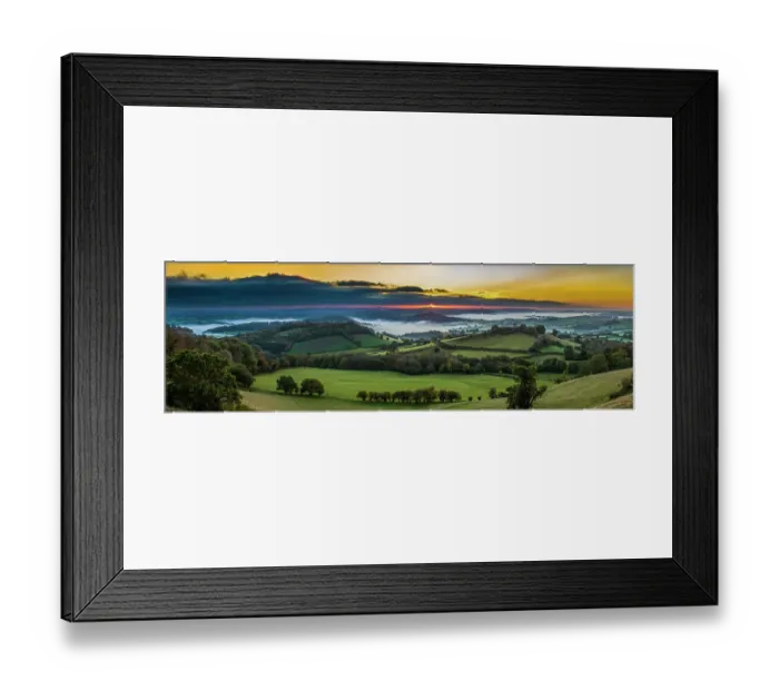 Framed Print : Panoramic landscape of Welsh Borders, countryside at dawn, Monmouthshire, Wales, UK, Panorama, October