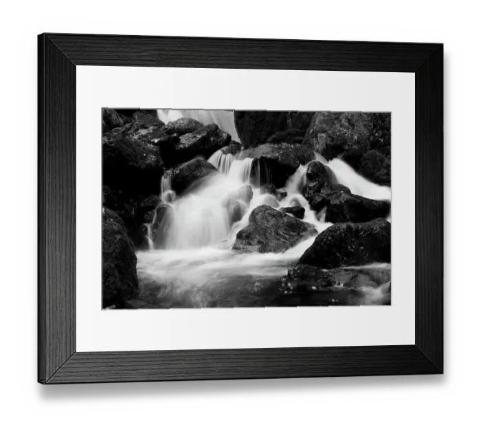 Framed Print : Monochrome image of waterfall breaking on rocks at the base of Lodore Falls, Lake District NP, Cumbria, England, UK, November Framed Print : Monochrome image of waterfall breaking on rocks at the base of Lodore Falls, Lake District NP, Cumbria, England, UK, November