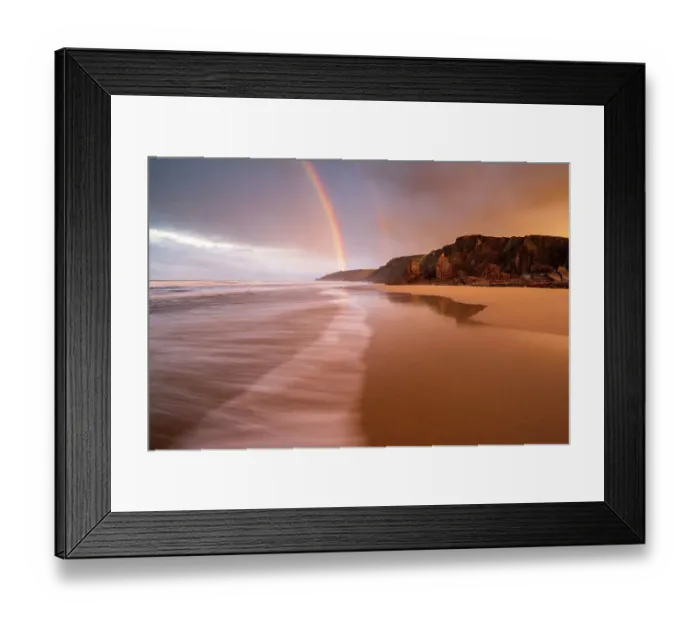 Framed Print : RF - Sandymouth Bay, early morning light and rainbow at low tide, north Cornwall, UK. December 2020. (This image may be licensed either as rights managed or royalty free.) Framed Print : RF - Sandymouth Bay, early morning light and rainbow at low tide, north Cornwall, UK. December 2020. (This image may be licensed either as rights managed or royalty free.)