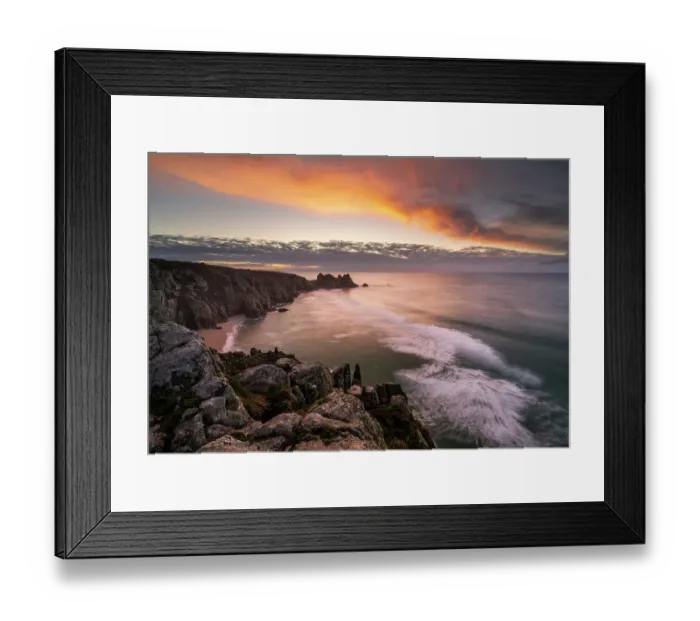Framed Print : Logan Rock from Treen Cliff at sunearise, Porthcurno, Cornwall, England, UK. November Framed Print : Logan Rock from Treen Cliff at sunearise, Porthcurno, Cornwall, England, UK. November