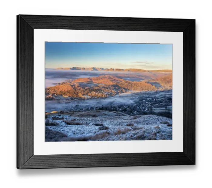 Framed Print : Dawn mist over valley looking towards the Langdale Pikes from Wansfell, Lake District, Cumbria, UK. December, 2022 Framed Print : Dawn mist over valley looking towards the Langdale Pikes from Wansfell, Lake District, Cumbria, UK. December, 2022