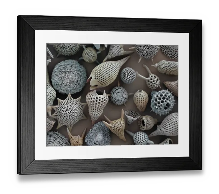 Framed Print : Assorted radiolaria, false-coloured scanning electron micrograph. The intricate mineral skeleton of a radiolarian is usually made of silica Framed Print : Assorted radiolaria, false-coloured scanning electron micrograph. The intricate mineral skeleton of a radiolarian is usually made of silica