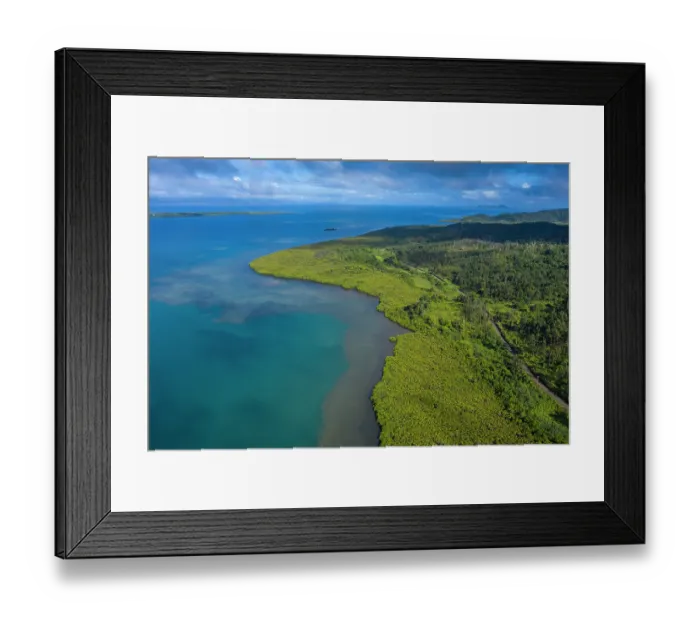 Framed Print : Aerial view of mangrove-fringed coastline of Ovalau Island, Lomaiviti Group, Fiji, Pacific Ocean. December, 2019