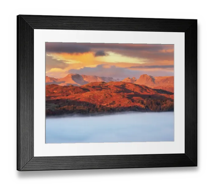 Framed Print : The Langdale Pikes and Bow Fell with valley mist, as seen from Ambleside at dawn, Lake District, UK, December 2022 Framed Print : The Langdale Pikes and Bow Fell with valley mist, as seen from Ambleside at dawn, Lake District, UK, December 2022