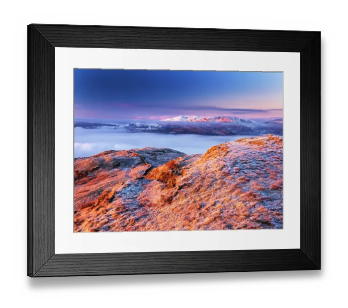 Framed Print : Wansfell covered in frost, with fog covered valley and Coniston Hills behind, Lake District, Cumbria, UK, December 2022 Framed Print : Wansfell covered in frost, with fog covered valley and Coniston Hills behind, Lake District, Cumbria, UK, December 2022