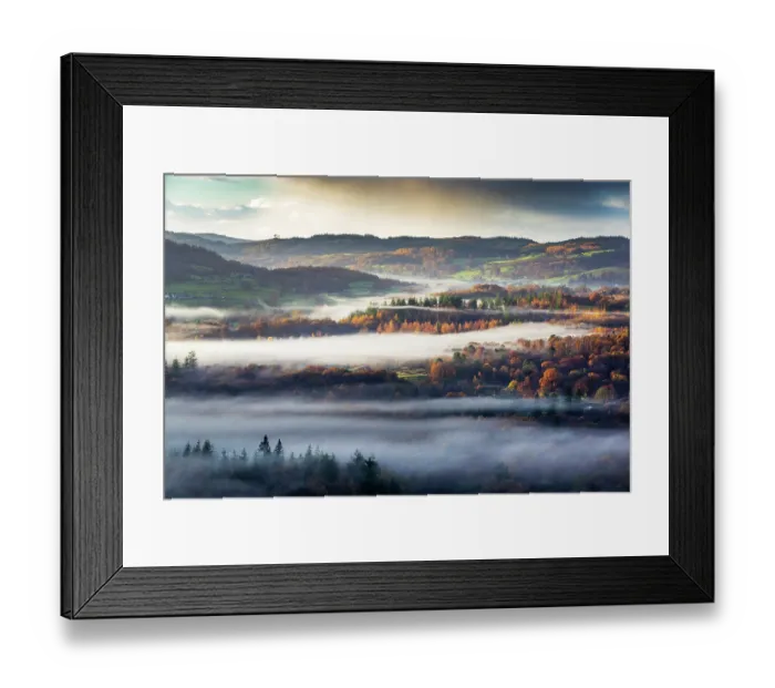 Framed Print : Mist over woodland at sunrise as seen from Todd Crag, Lake District, Cumbria, UK, November 2020