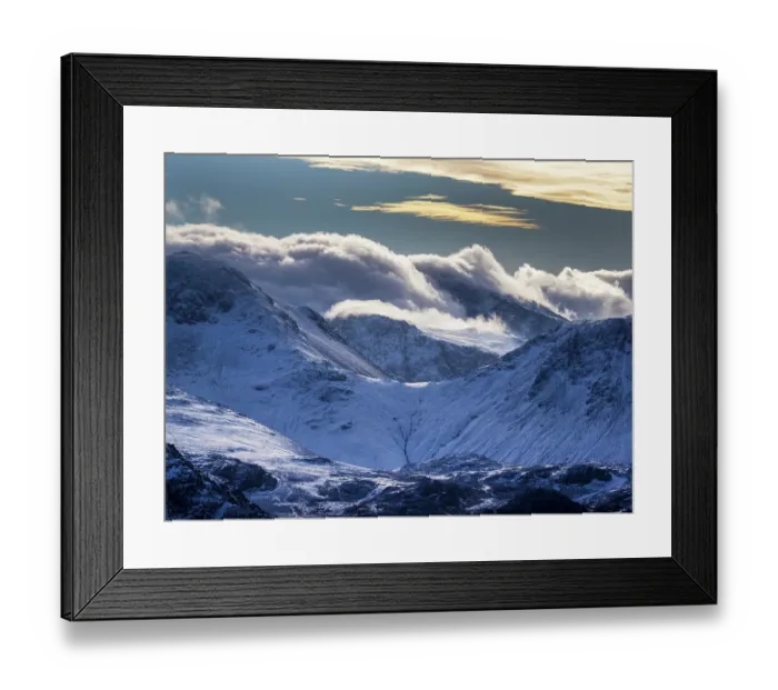Framed Print : Cloud spilling over snow covered Great Gable and the Sca Fell from Hindscarth, Lake District, Cumbria, UK, January 2023 Framed Print : Cloud spilling over snow covered Great Gable and the Sca Fell from Hindscarth, Lake District, Cumbria, UK, January 2023
