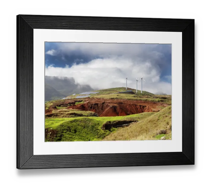 Framed Print : Solar panels and wind turbines on hillside, Baia d'Abra, Sao Laurenco Peninsular, Madeira. March, 2023 Framed Print : Solar panels and wind turbines on hillside, Baia d'Abra, Sao Laurenco Peninsular, Madeira. March, 2023