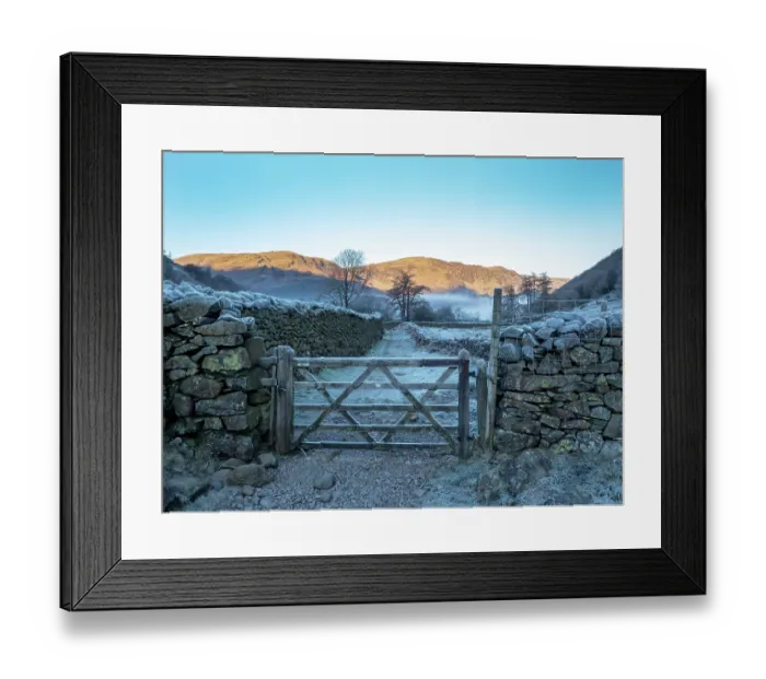 Framed Print : Drystone wall and wooden gate covered in frost on misty morning in Borrowdale, Lake District, Cumbria, UK. December, 2022 Framed Print : Drystone wall and wooden gate covered in frost on misty morning in Borrowdale, Lake District, Cumbria, UK. December, 2022