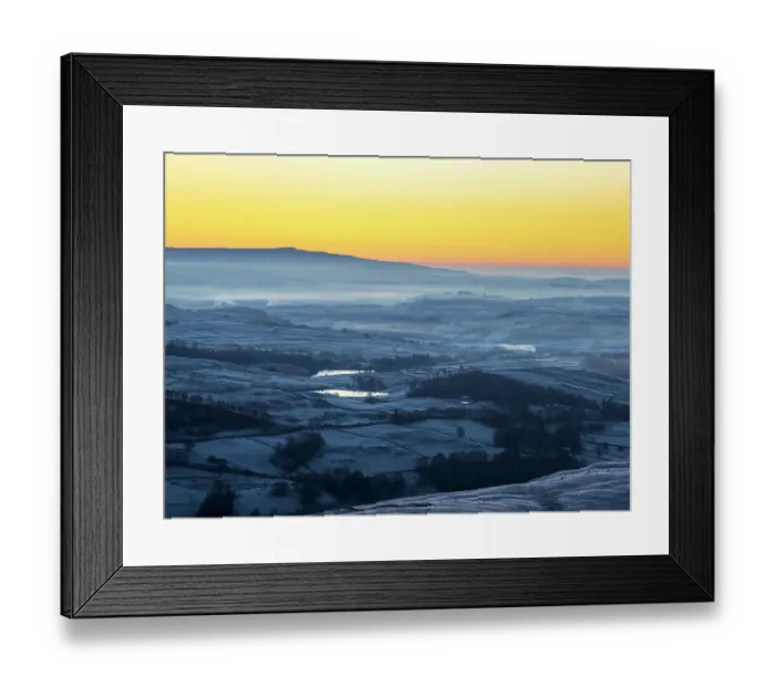Framed Print : Misty dawn landscape looking towards Ingleborough in the Yorkshire Dales at sunrise, from Wansfell, Lake District, Cumbria, UK. December, 2022 Framed Print : Misty dawn landscape looking towards Ingleborough in the Yorkshire Dales at sunrise, from Wansfell, Lake District, Cumbria, UK. December, 2022