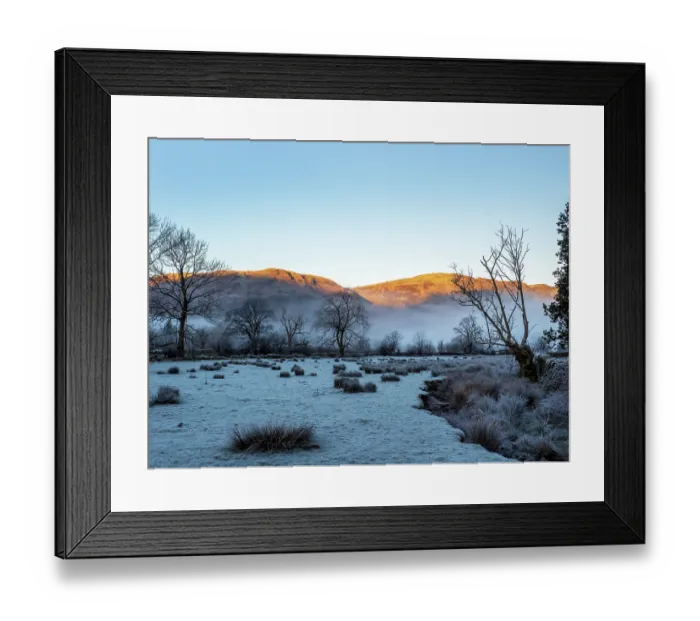 Framed Print : Morning mist across frost-covered landscape, Borrowdale, Lake District, Cumbria, UK. December, 2022 Framed Print : Morning mist across frost-covered landscape, Borrowdale, Lake District, Cumbria, UK. December, 2022