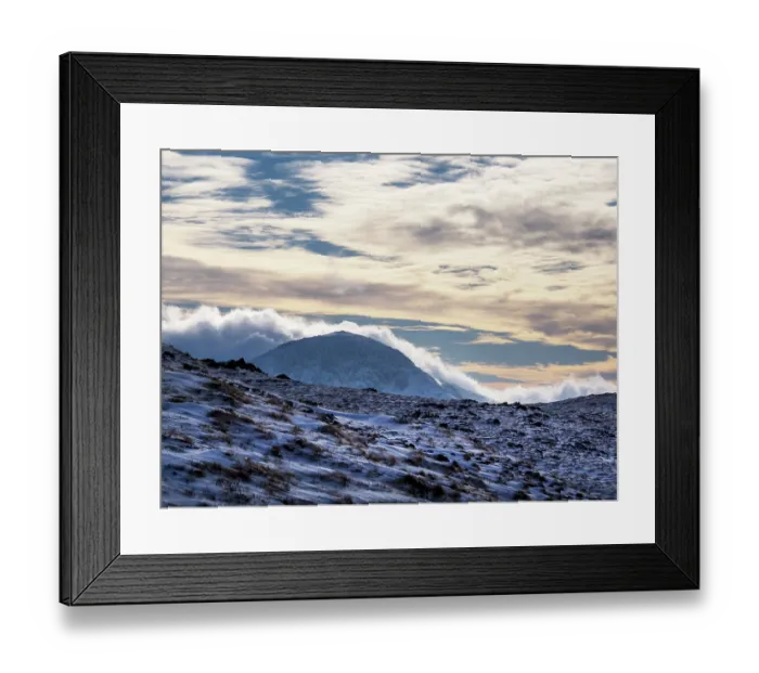 Framed Print : Cloud spilling over Great Gable mountain and Sca Fell in winter, viewed from Hindscarth, Lake District, Cumbria, UK. January, 2023 Framed Print : Cloud spilling over Great Gable mountain and Sca Fell in winter, viewed from Hindscarth, Lake District, Cumbria, UK. January, 2023
