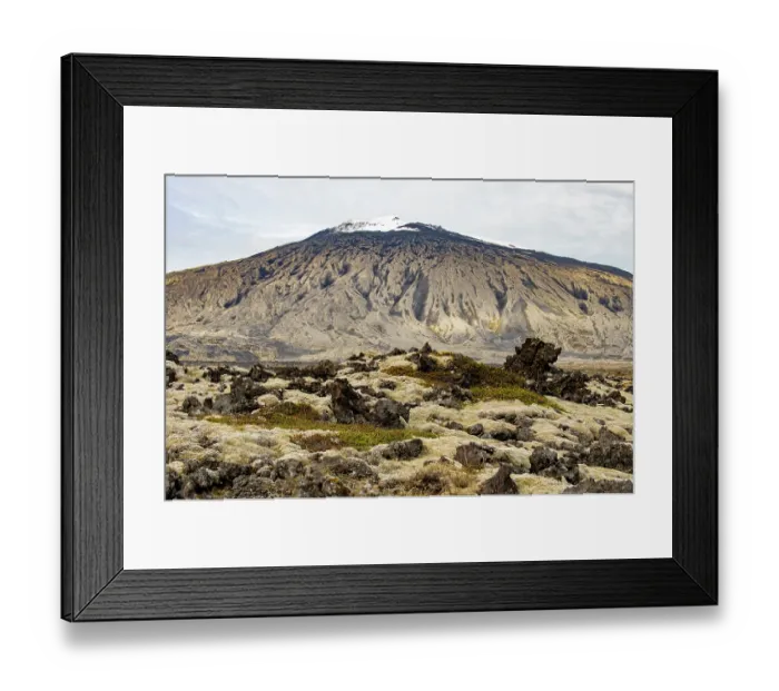 Framed Print : View of Saefellsjokull, a 700, 000 year old stratovolcano and an old lava field with moss heath, Saefellsnes Peninsula, Iceland. September, 2023