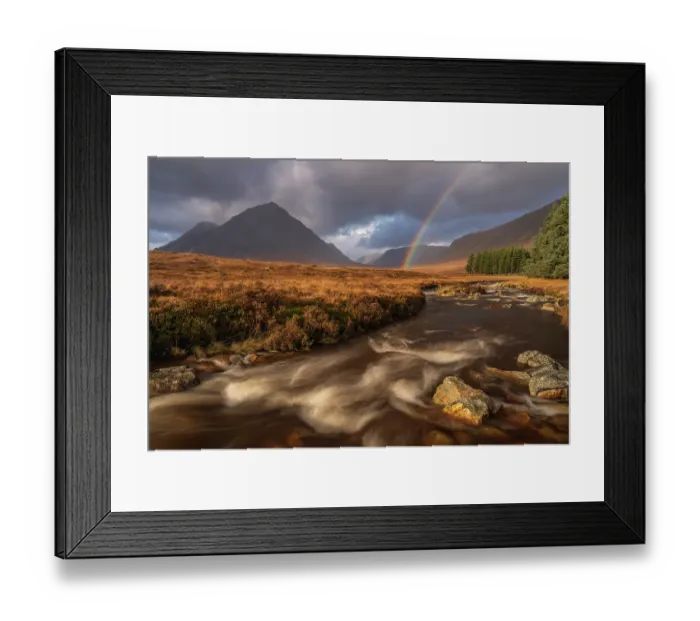 Framed Print : View of the River Etive looking toward Buachaille Etive Mor with a rainbow and cloudy sky, Glencoe, Scotland, UK. November, 2023