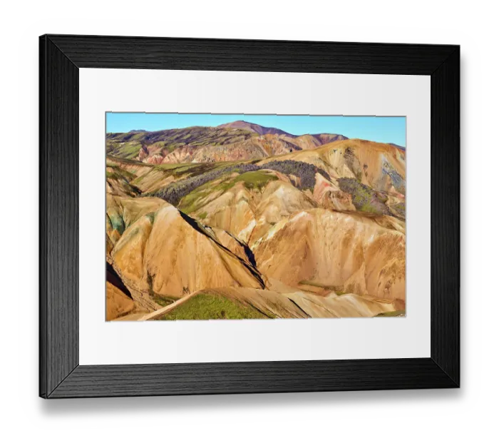 Framed Print : RF - View of rhyolite mountains and solidified lava fields, Landmannalaugar volcanic massif, Fjallabak Nature Reserve, Iceland. September, 2023 Framed Print : RF - View of rhyolite mountains and solidified lava fields, Landmannalaugar volcanic massif, Fjallabak Nature Reserve, Iceland. September, 2023