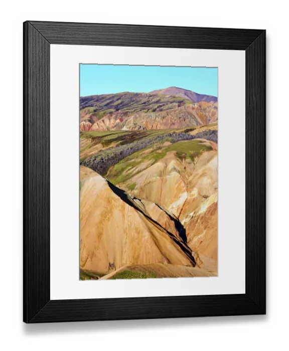 Framed Print : RF - View of rhyolite mountains and solidified lava fields, Landmannalaugar volcanic massif, Fjallabak Nature Reserve, Iceland. September, 2023 Framed Print : RF - View of rhyolite mountains and solidified lava fields, Landmannalaugar volcanic massif, Fjallabak Nature Reserve, Iceland. September, 2023