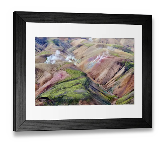 Framed Print : RF - Aerial view of rhyolite mountains and geothermal vents, Landmannalaugar volcanic massif, Fjallabak Nature Reserve, Iceland. September, 2023