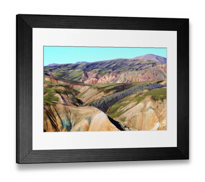 Framed Print : RF - View of rhyolite mountains and solidified lava fields, Landmannalaugar volcanic massif, Fjallabak Nature Reserve, Iceland. September, 2023