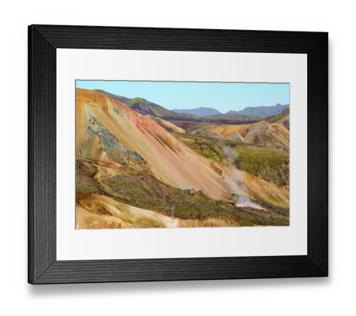 Framed Print : Rhyolite mountains and geothermal vents, Landmannalaugar volcanic massif, Fjallabak Nature Reserve, Iceland. September, 2023 Framed Print : Rhyolite mountains and geothermal vents, Landmannalaugar volcanic massif, Fjallabak Nature Reserve, Iceland. September, 2023