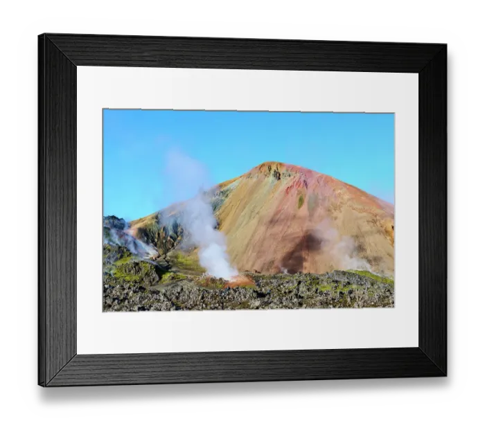 Framed Print : Rhyolite mountains and geotermal vents, Landmannalaugar volcanic massif, Fjallabak Nature Reserve, Iceland. September, 2023 Framed Print : Rhyolite mountains and geotermal vents, Landmannalaugar volcanic massif, Fjallabak Nature Reserve, Iceland. September, 2023