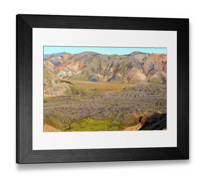 Framed Print : View of rhyolite mountains and solidified lava fields, Landmannalaugar volcanic massif, Fjallabak Nature Reserve, Iceland. September, 2023 Framed Print : View of rhyolite mountains and solidified lava fields, Landmannalaugar volcanic massif, Fjallabak Nature Reserve, Iceland. September, 2023